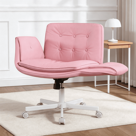 TMV Vanity Chair Oversized, Criss Cross Design Office Desk Chair - Big & Tall Computer Chair with Foldable Arms, Swivel and Wheels,Pink