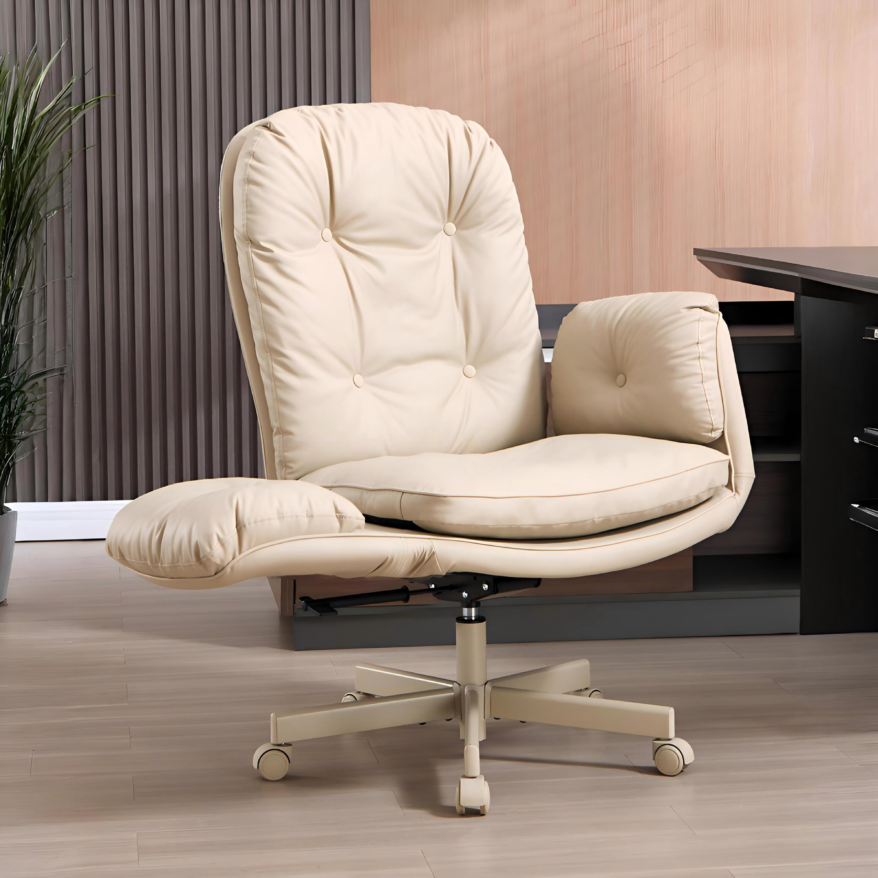 TMV Vanity Chair with Foldable Arms, Criss Cross Design Office Desk Chair - Standard Size Swivel Computer Chair with Wheels,Cream