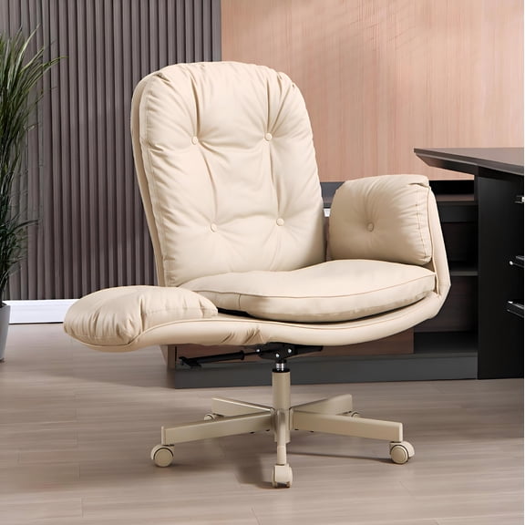 TMV Vanity Chair with Foldable Arms, Criss Cross Design Office Desk Chair - Standard Size Swivel Computer Chair with Wheels,Cream