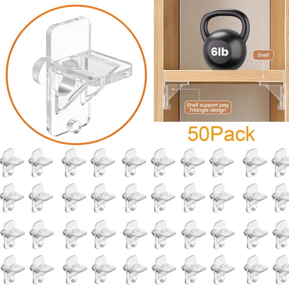 50Pcs Shelf Support Pegs 1/4 Inch Clear ABS Upgraded Cabinet Shelf Pins Replacement Clips for Kitchen Cupboards Wood Bookcases