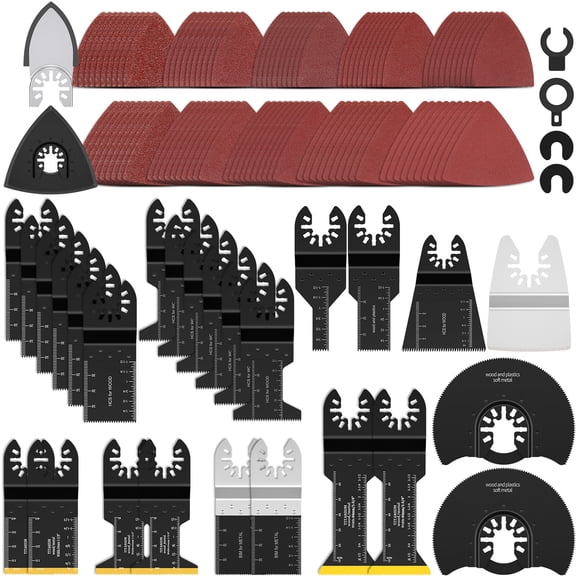 TMWEFUSC 128PCS Oscillating Tool Saw Blade with Scraper Sandpaper Sanding Disc and Adapter Multitool Kits for Dewalt Ryobi Milwaukee Rockwell Tool Accessories for Cutting Wood Metal Plastics