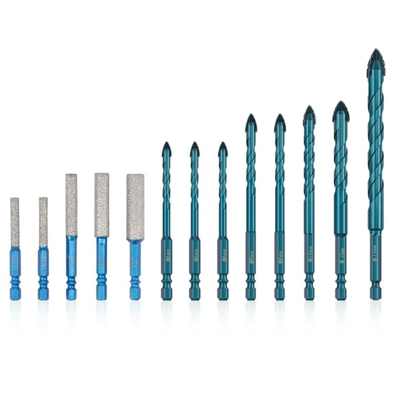TMWEFUSC 13PCS Diamond Drill Bit Set 5 Size Serrated Masonry Drill Bit and 4 Size Diamond Drill Bit Set with 1/4" Hex Shank for Glass Ceramic Porcelain Marble Granite