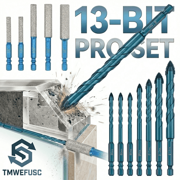 13PCS Diamond Drill Bit Set 5 Size Serrated Masonry Drill Bit and 4 Size Diamond Drill Bit Set with 1/4" Hex Shank for Glass Ceramic Porcelain Marble Granite