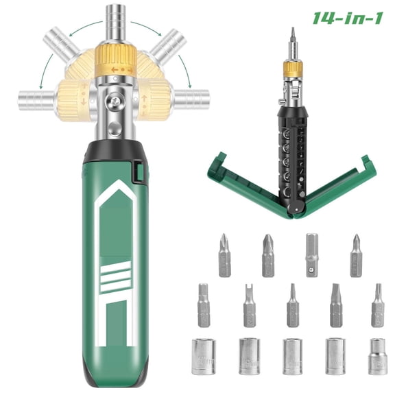 14 in 1 Ratcheting Screwdriver Set, Multi Bit Magnetic Ratchet Screw Driver with 180 Pivoting Handle for Tight Spaces