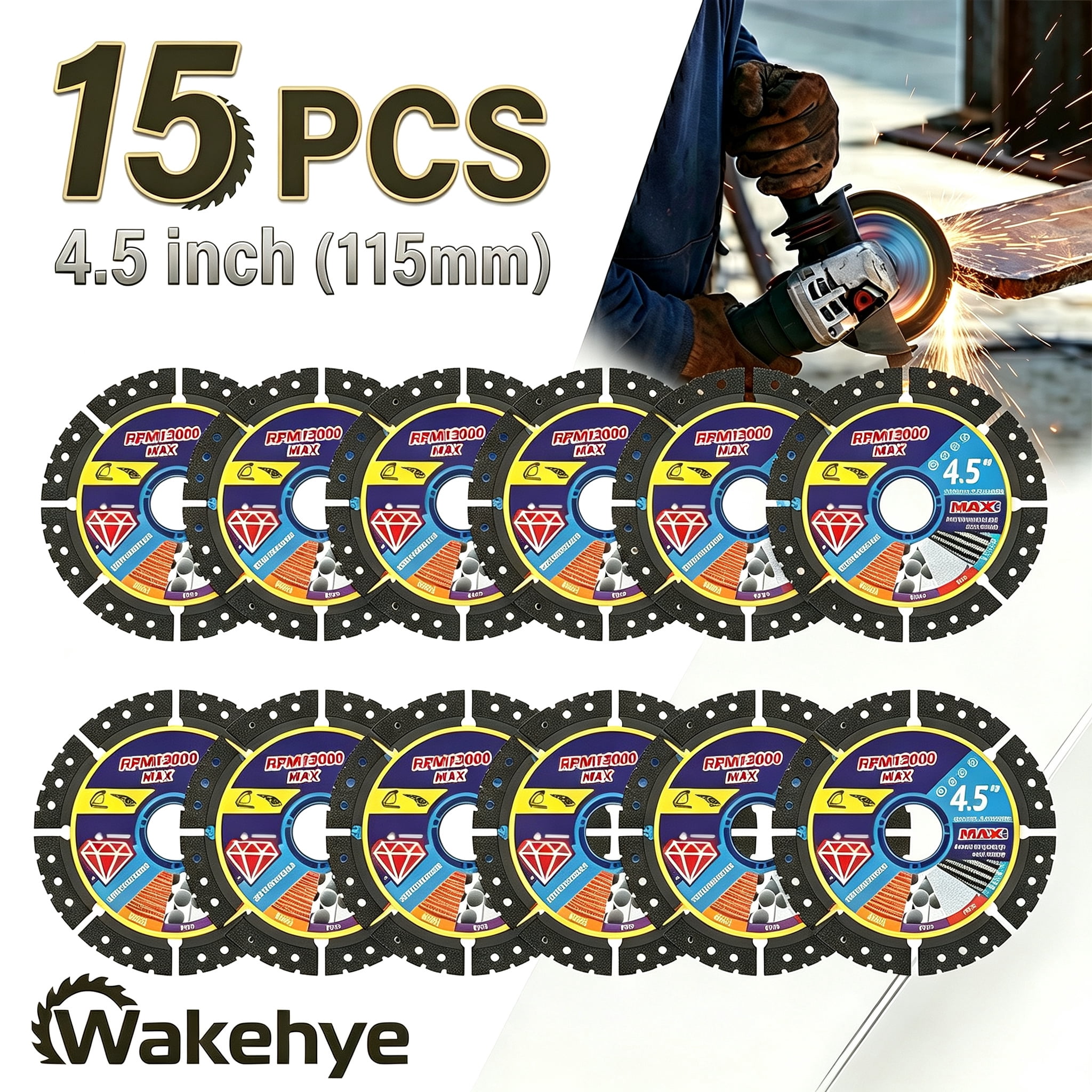TMWEFUSC 15 Pcs Diamond Multi Purpose Saw Blade 4.5" Diamond Saw Blade Versatile Cutting Disc for Cutting Marble Quartz Stone Tile Metal Plastic