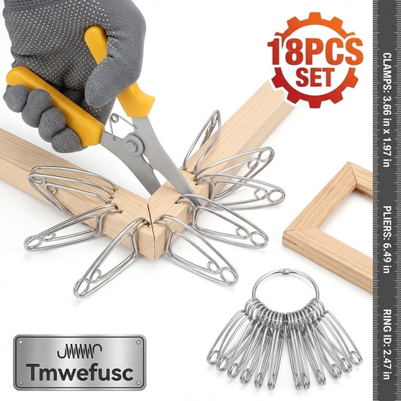 18 Pcs Corner Clamps For Woodworking, Miter Spring Clamp and Pliers Kit Stainless Steel Woodworking Spring Clamp with Carabiner for Picture Frame Molding