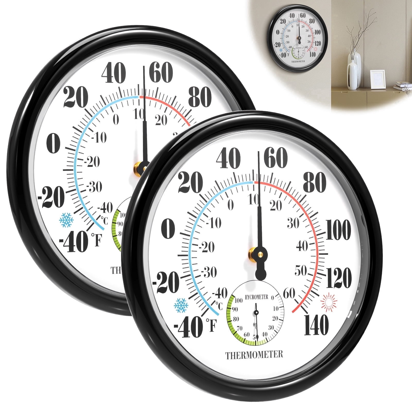 Tmwefusc 10 Inch Round Thermometer with Hygrometer, 2Pcs Large Indoor Wall Patio Bimetal Weather Thermometer, No Battery Required