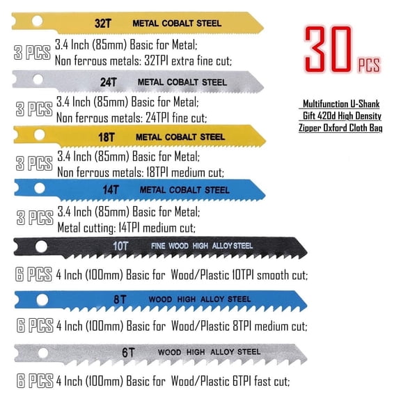 30Pcs 86/100mm Saw Blade Set Carbon Steel Sawzall Saw Blades with U-shank Jigsaw Saw Blade for Wood Metal Plastic Cutting, 6/8/10/14/18/24/32TPI