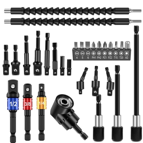 30Pcs Flexible Drill Bit Extension Kit, 105° Right Angle Drill Attachment, Drill Swivel Set & Bendy Soft Shaft Screwdriver Socket Adapters