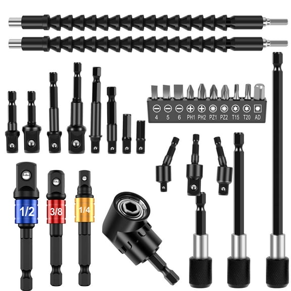 TMWEFUSC 30Pcs Flexible Drill Bit Extension Kit Quick Release Soft Shaft Screwdriver Kit with 105° Right Angle Drill Attachment 360° Rotatable Socket Adapter Extension Rod and 10 Bits