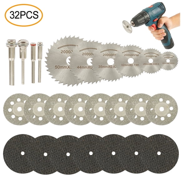 32pcs Cutting Wheel Kit for Dremel Rotary Tool, HSS Circular Saw Blades Set Diamond Mini Cutting Discs Accessories for Wood Glass Plastic Stone Metal Woodworking