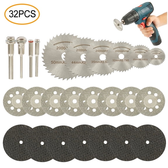 TMWEFUSC 32pcs Cutting Wheel Kit for Dremel Rotary Tool, HSS Circular Saw Blades Set Diamond Mini Cutting Discs Accessories for Wood Glass Plastic Stone Metal Woodworking