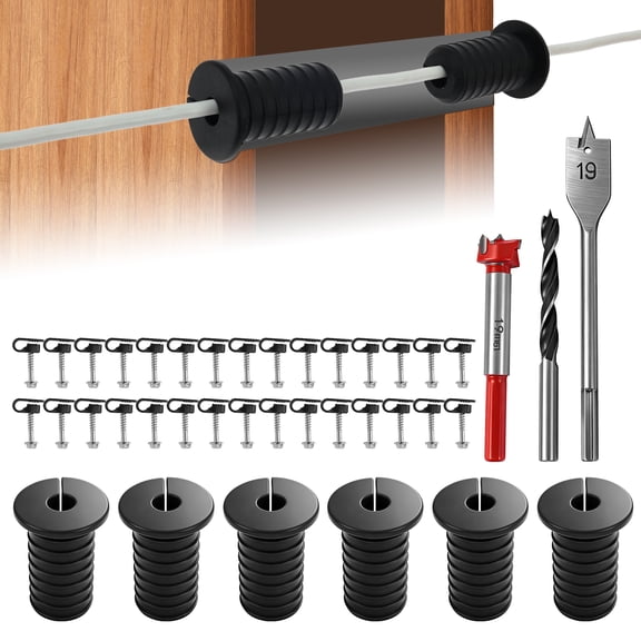 TMWEFUSC 39 Pcs Cable Routing Kit Cable Installation Kit Mounting Accessories Including 6 Grommet 3 Drill Bit and 30 Wall Clamp, Black
