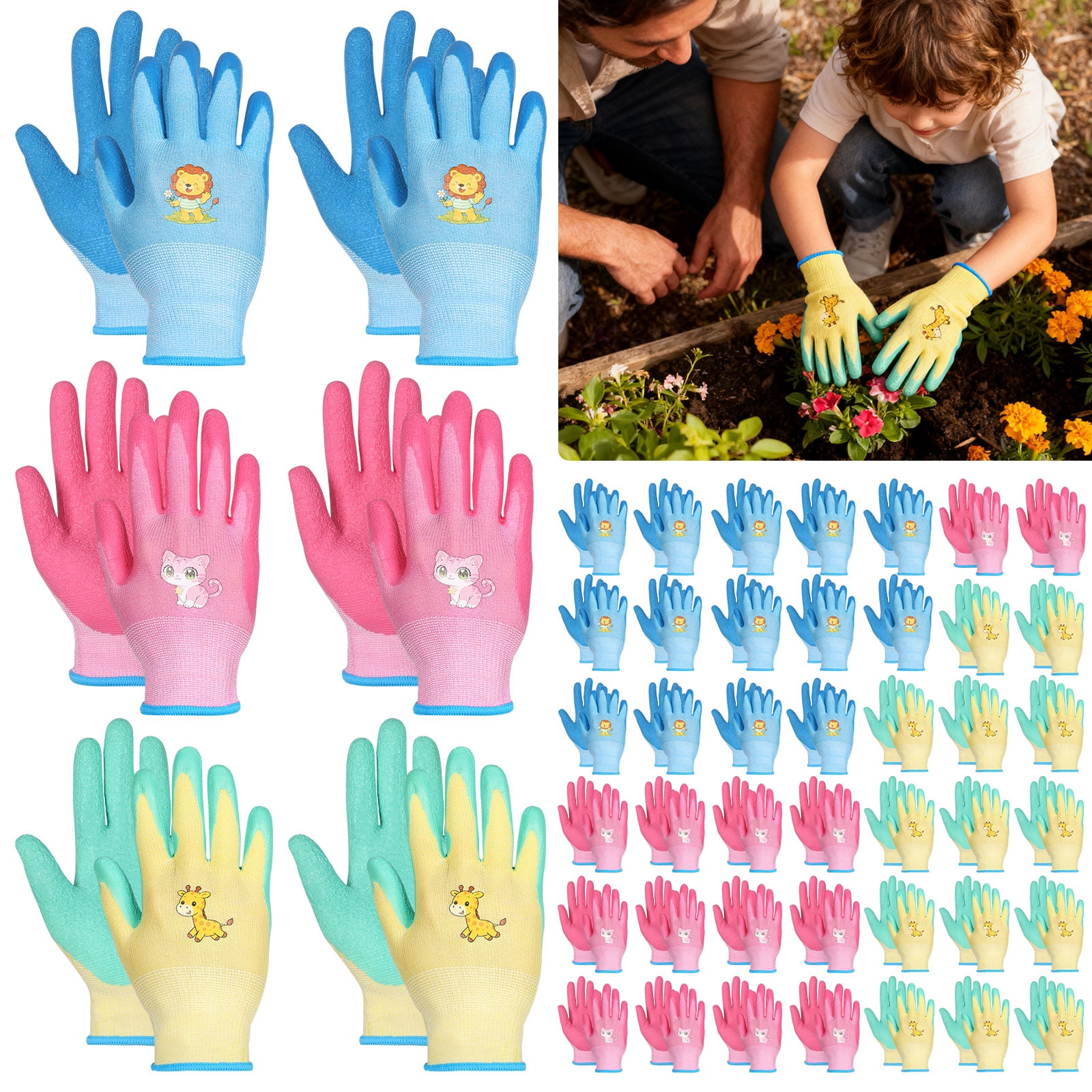 TMWEFUSC 48 Pairs Kids Gardening Gloves Non Slip Children Yard Work Glove Latex Coated Garden Hand Covers for Girls Boys Toddlers Outdoor, L(Suitable for Aged 9-13)