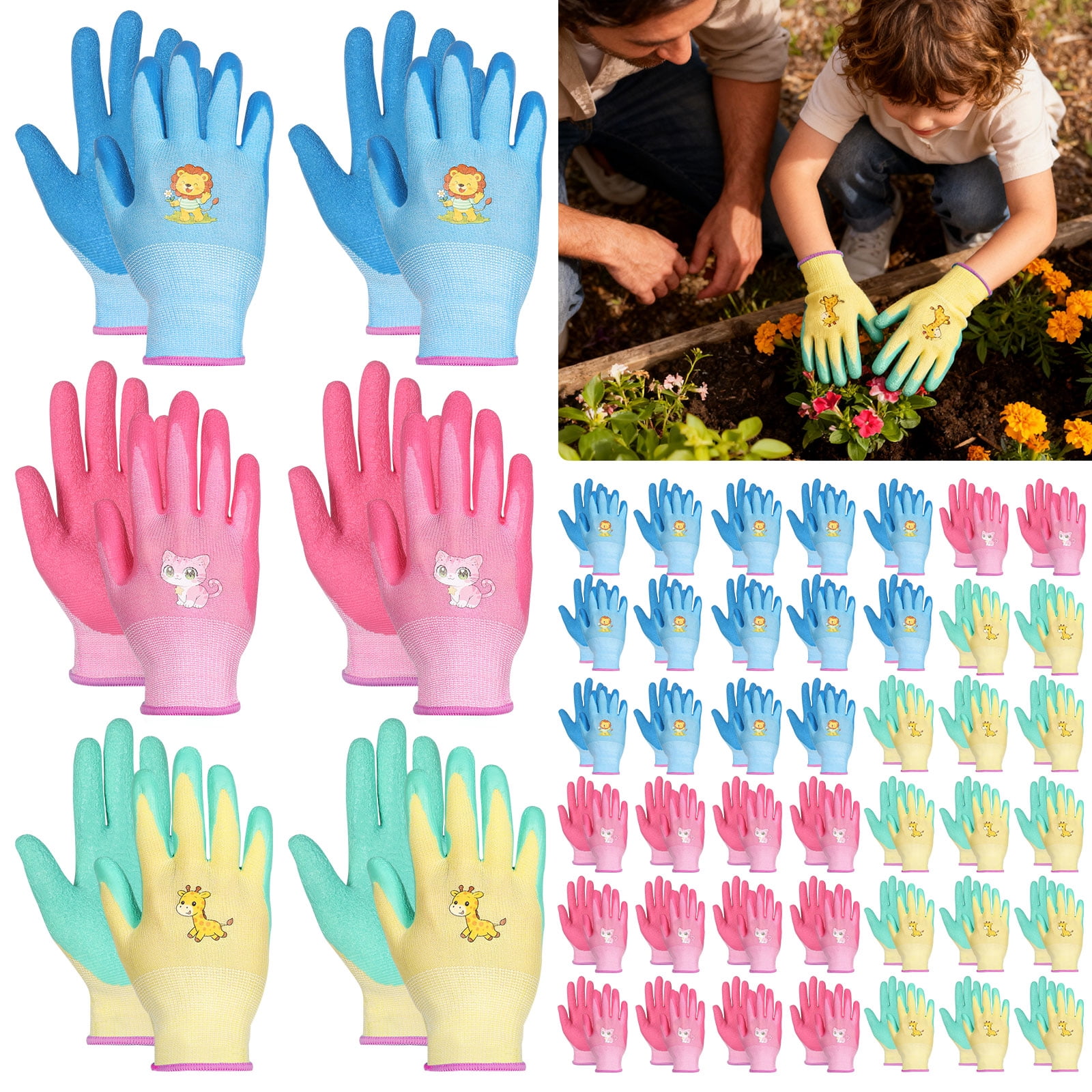 TMWEFUSC 48 Pairs Kids Gardening Gloves Non Slip Children Yard Work Glove Latex Coated Garden Hand Covers for Girls Boys Toddlers Outdoor, S(Suitable for Aged 3-5)