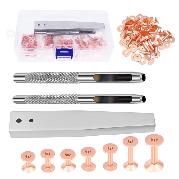 50-Set Copper Rivets for Leather Fasteners Kit, Assorted 5 Sizes Solid Rivet with Setter Tool and Hole Punches for DIY Craft Repair