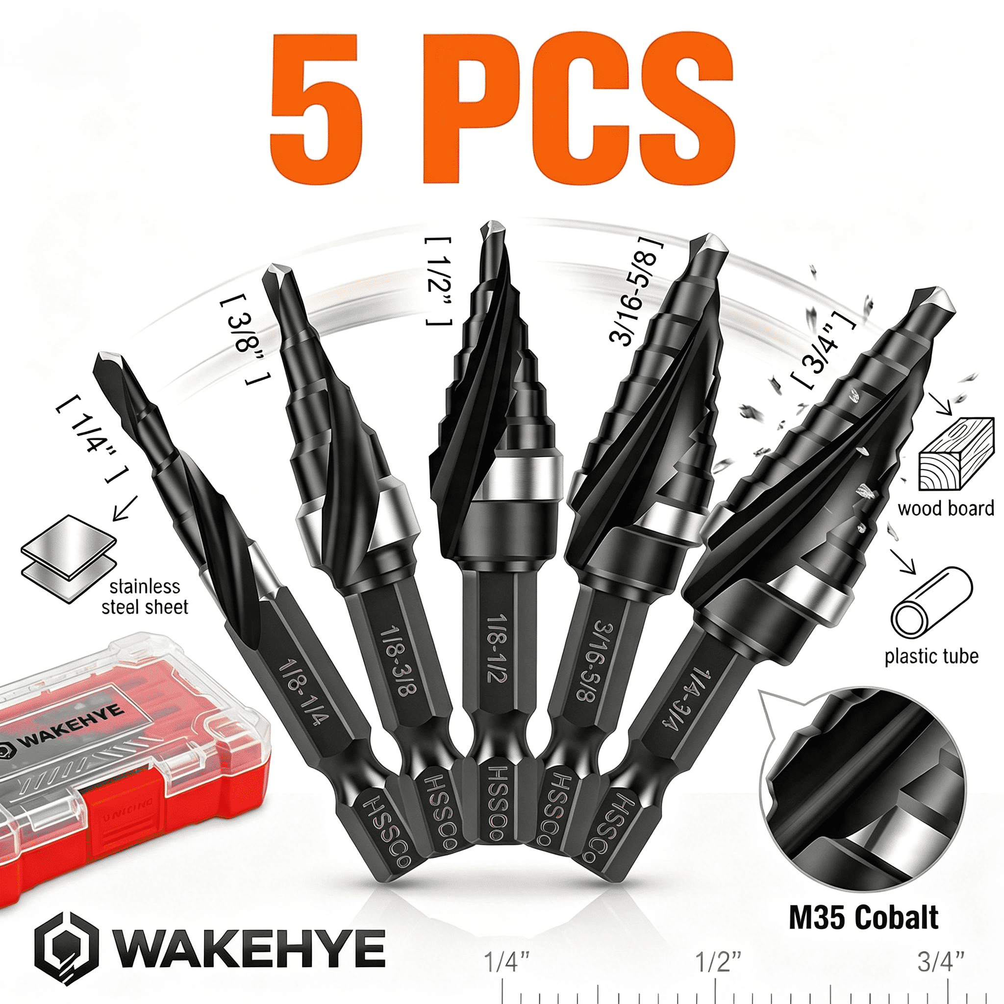 5Pcs Step Drill Bit Set for Metal, M35 Cobalt Unibit for Impact Driver Spiral Flute High Speed Steel Drill Bits for Stainless Steel and Hard Metals