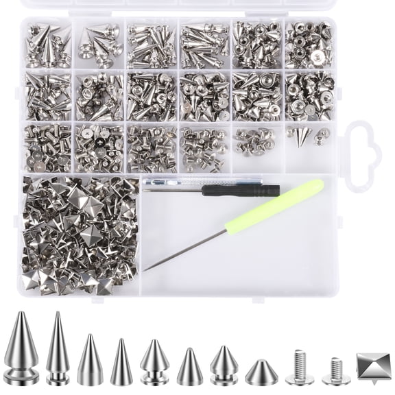 TMWEFUSC 600PCS Punk Stud and Spike Kit 8 Size Cone Spikes and Square Pyrami Studs for for Leather Craftsmanship Punk Style Clothing Jacket Shoe Belt Bag Dog Collar