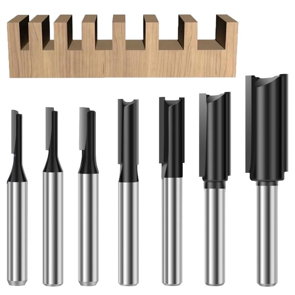 TMWEFUSC 7 PCS Straight Router Bit Set 1/4 Shank 1/8" 5/32" 3/16" 1/4" 5/16" 3/8" 1/2" Double Flute Straight Router Bit for Grooving Edge Trimming Cutting
