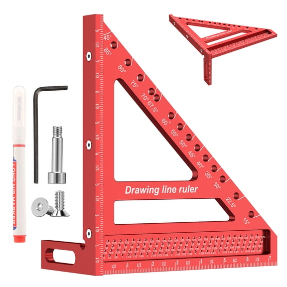 TMWEFUSC 8.5 inch 3D Multi Angle Measuring Ruler Large Precision Woodworking 3D Square Protractor 15-90 Degree and Miter Triangle Aluminum Alloy Drawing Line Ruler for Engineer Carpenter, Red