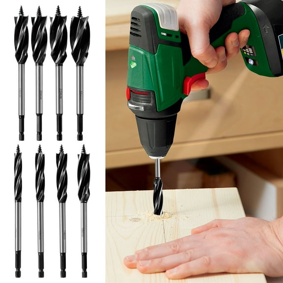 TMWEFUSC 8Pcs Wood Auger Drill Bit Set High-Carbon Steel 4 Flute Cut Drilling Bit Kit 10-25mm Self-Tapping Hex Shank Wood Hole Drill Bit for Woodworking (3/8" 1/2" 9/16" 5/8" 11/16" 13/16" 7/8" 1")﻿
