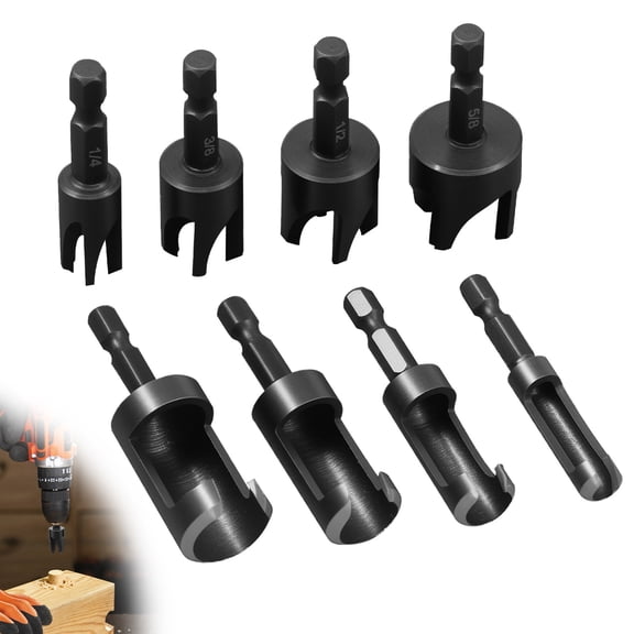 TMWEFUSC 8Pcs Wood Plug Cutter Drill Bit Set Carbon Steel 1/4 Inch Hex Shank Straight and Tapered Taper Cutting Tool 1/4 Inch 5/8 Inch 3/8 Inch 1/2 Inch for Woodworking