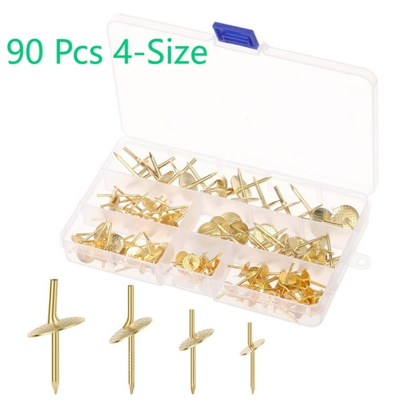 TMWEFUSC 90 Pcs Picture Hangers, Picture Hanging Kit, 4 Size Picture Hanging Hooks, Picture Hanging Nails, Long Picture Hooks for Photo Frame Art Mirror Gold