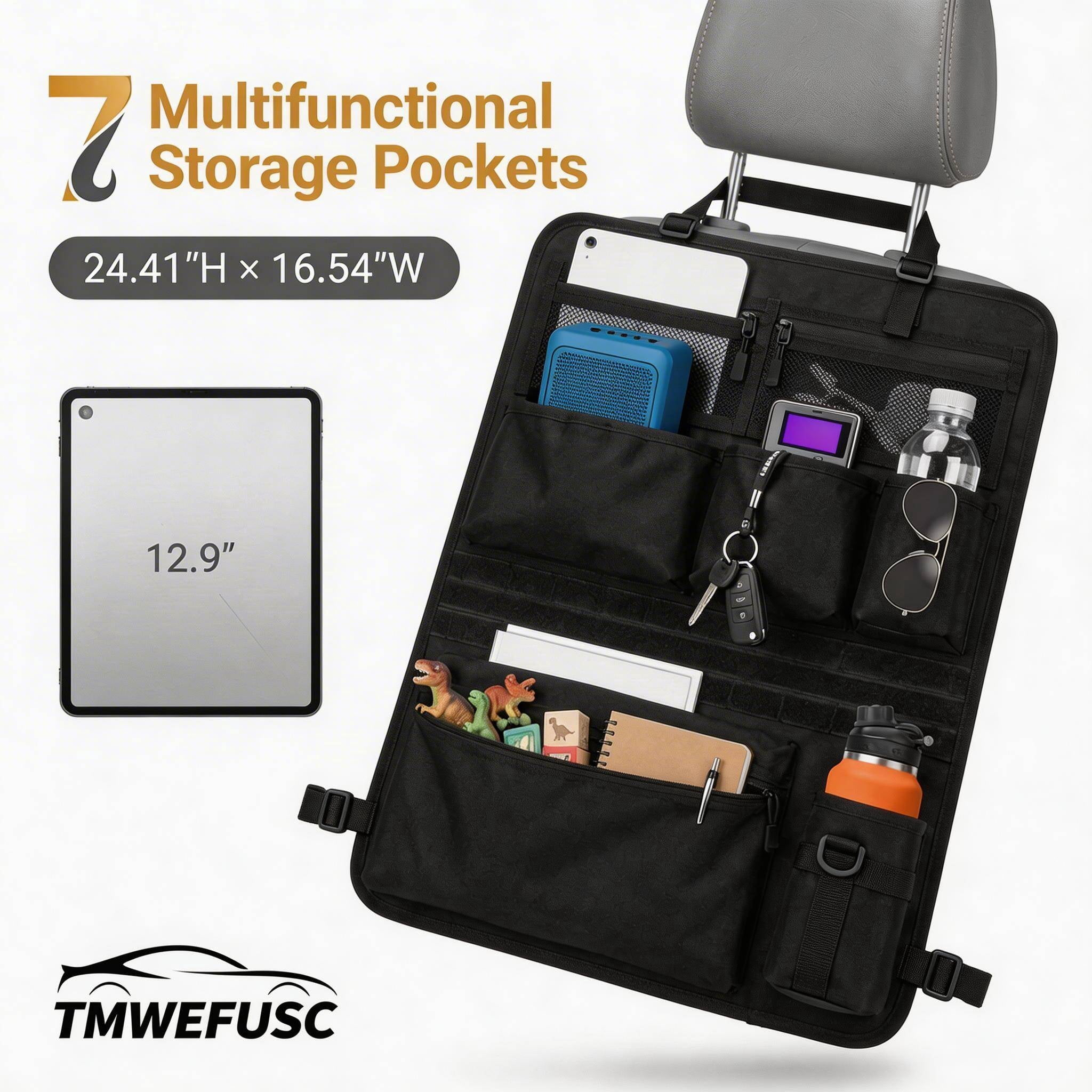 Car Backseat Organizer with 7 Storage Pockets, Adjustable Straps, Universal Fit Seat Back Storage Bag for Road Trips, RV, and Daily Commuting