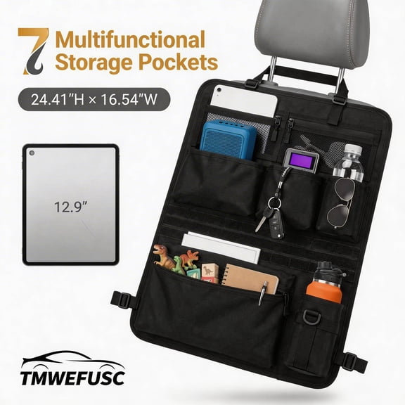 Car Backseat Organizer with 7 Storage Pockets, Adjustable Straps, Universal Fit Seat Back Storage Bag for Road Trips, RV, and Daily Commuting