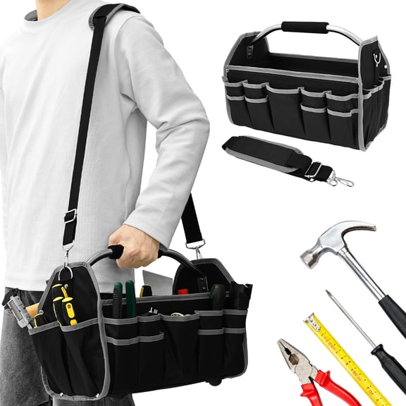 TMWEFUSC Electrician Open Tote Bag with Multiple Pockets Heavy Duty Electrician Tool Bag with Carry Handle and Adjustable Shoulder Strap for Technicians Plumbers
