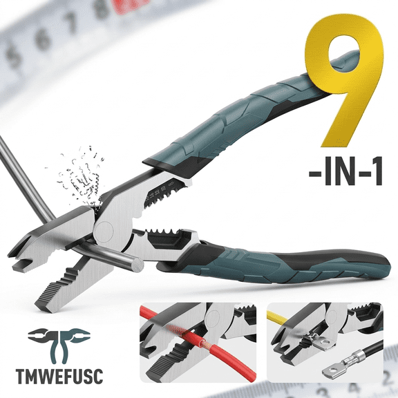 TMWEFUSC 9-in-1 Multi-Function Cutting Pliers Industrial-Grade Wire Cutter Crimper with Offset Head and Leverage Design Cutting Tool for Home Nail Puller Stripper