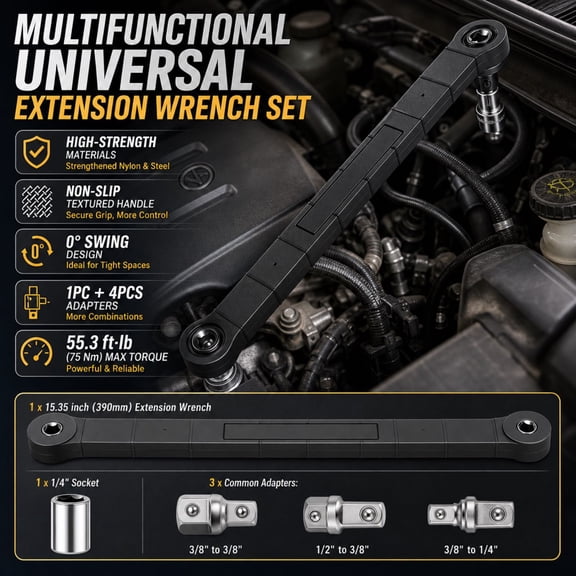 Wakehye Offset Extension Wrench, 15 inch Carbon Steel Offset Extension Wrench Set with 1/2" 1/4" 3/8" Square Drive Adapters