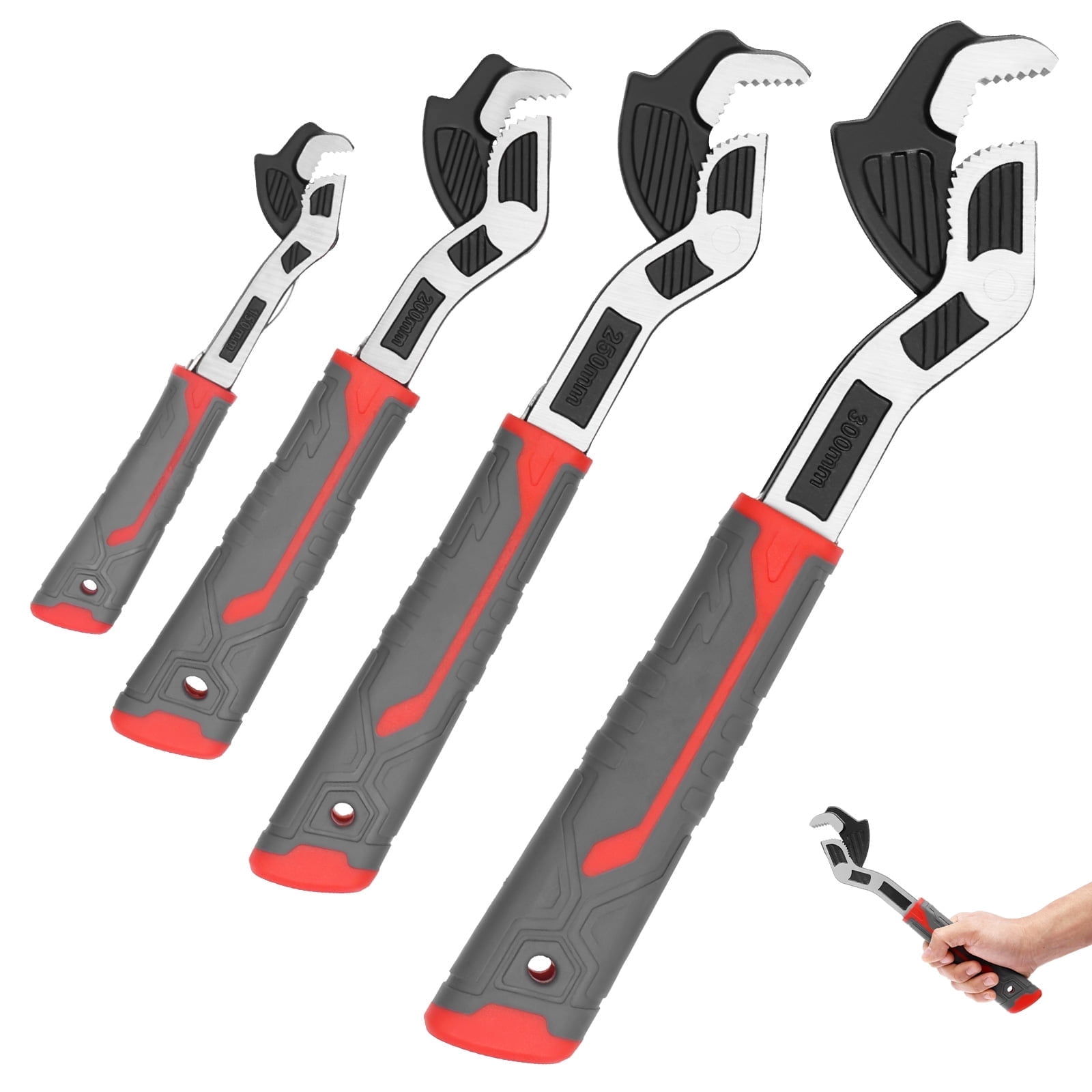 Tmwefusc Pipe Wrench Set 6" 8" 10" 12" Self Adjusting Wrench 4 Piece Plumbing Tool for 0.27"-1.69"/7-43mm Standard Nut Irregular Nut Pipe Use