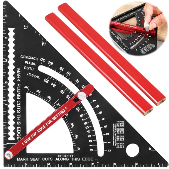 TMWEFUSC 7 inch Square, Carpenter Square Triangle Ruler, Combination Square Angle Ruler with 2 Pencils, Aluminum Metal Rafter Framing Square for construction Woodworking Measuring Tools