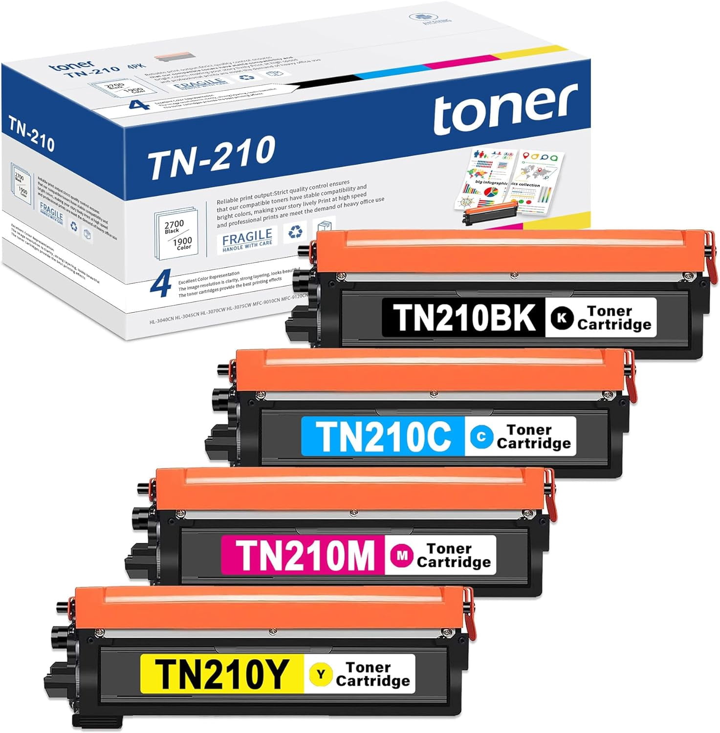 TN-210 Toner Cartridge 4PK Replacement for Brother 4-Color (Black/Cyan ...