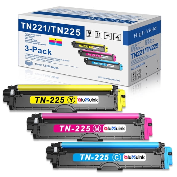 TN-221 Toner Cartridge 3 Pack Cyan Magenta Yellow Compatible for Brother TN221 MFC-9130CW MFP Printer