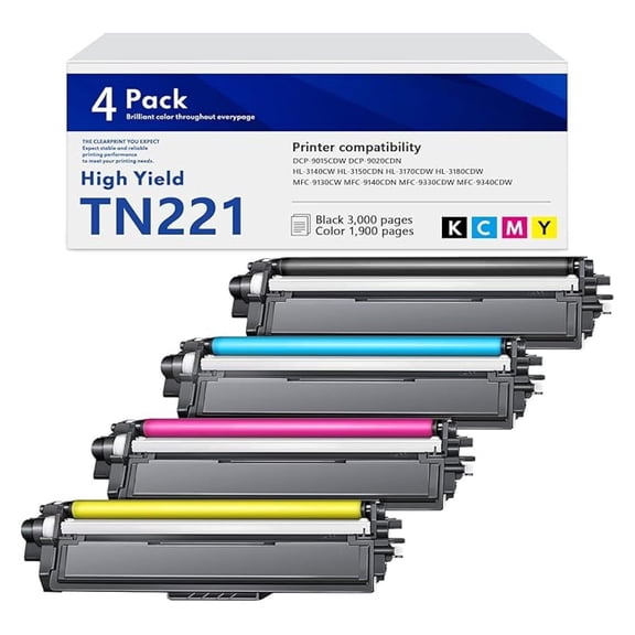 TN-221 Toner Cartridges 4 Pack TN221BK TN221C TN221M TN221Y Replacement for TN225 TN221 4-Color Toner Cartridge Set Works with MFC-9340CDW MFC-9130CW HL-3170CDW HL-3140CW Printer