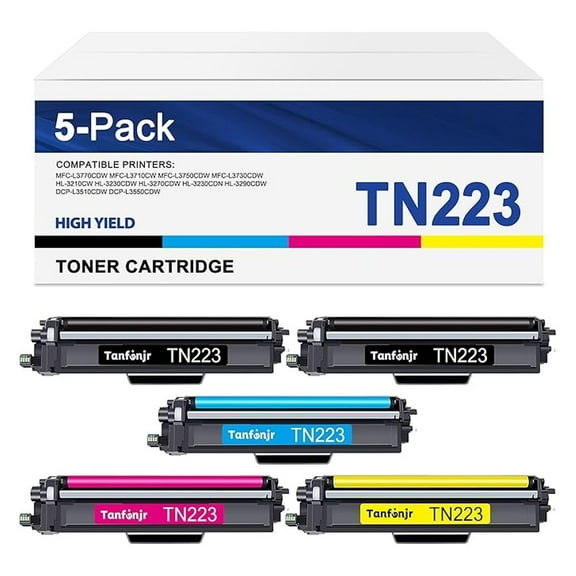 TN-223BK/C/M/Y Toner Cartridge 5 Pack Replacement for TN223BK, TN223C, TN223M, TN223Y Toner Cartridge HL-3230CDW HL-3270CDW HL-3290CDW MFC-L3770CDW MFC-L3710CW HL-3210CW Printer