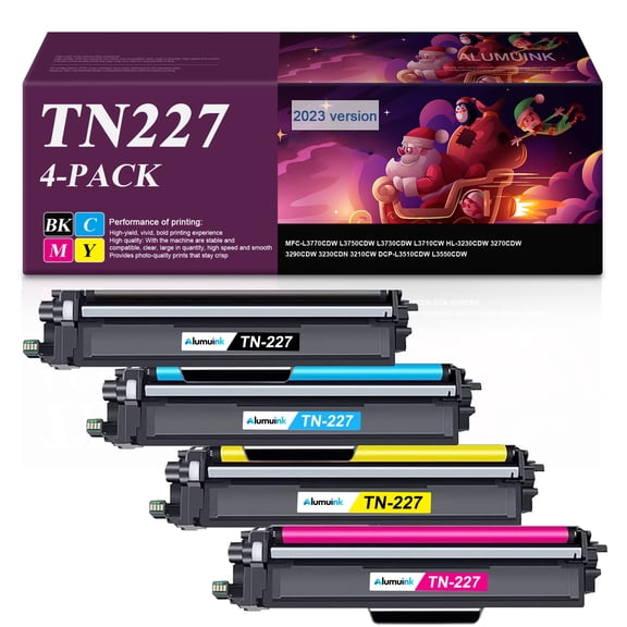 TN-227 4 Pack Black Cyan Magenta Yellow Toner cartridge High Yield Replacement for Brother MFC-L3770CDW L3750CDW L3730CDW Printer