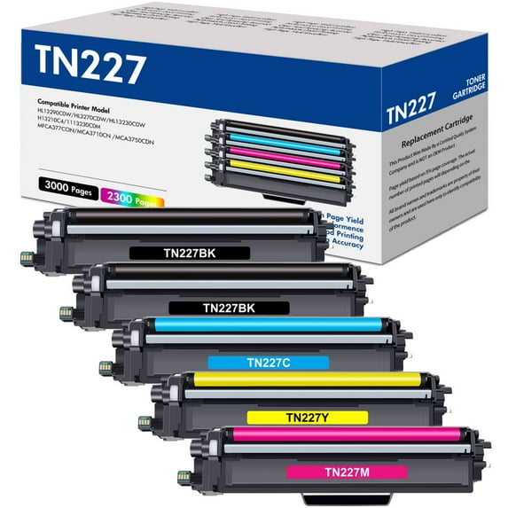 TN-227 High Yield Toner Cartridge 5-Pack Compatible for Brother TN227 TN223 TN-227BK/C/M/Y HL-L3270CDW HL-L3210CW HL-L3230CDW HL-L3290CDW MFC-L3710CW MFC-L3750CDW MFC-L3770CDW Printer