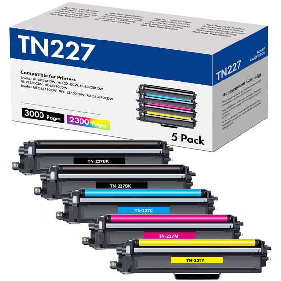 TN227 Toner Cartridge Compatible for Brother TN-227 TN223 TN227BK for MFC-L3770CDW HL-L3230CDW HL-L3270CDW HL-L3210CW HL-L3290CDW MFC-L3750CDW Printer (5-Pack With Chip)