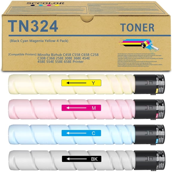 TN-324 TN324 Toner Cartridge Black Cyan Magenat Yellow Replacement for Konica Minolta TN-324 TN324 Toner Cartridges Works with bizhub C458 C558 C658 C258 C308 C368 Printer