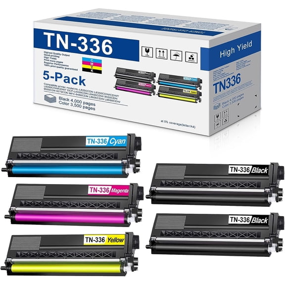 TN-336 Toner Cartridge High Capacity (5-Pack, 2BK/1C/1M/1Y) Replacement for Brother HL-L9200CDW/CDWT DCP-L8400CDN L8450CDW 9050CDN MFC-L8650CDW L8850CDW L9550CDW Printer