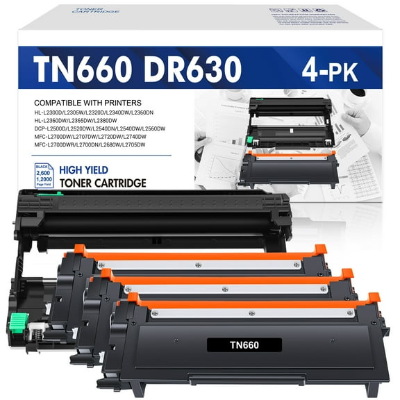 TN-660 Toner Cartridge and DR-630 Drum Unit Set Compatible for Brother TN660 DR630 for Brother HL-L2300D HL-L2320D MFC-L2740DW HL-L2380D Printer (3x TN660 Toner, 1x DR630 Drum Unit )