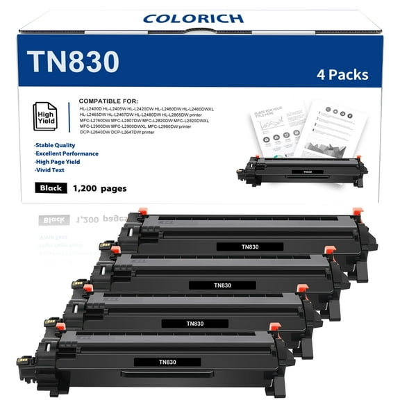 TN 830 TN 830XL Black Toner Cartridges Compatible for Brother TN830 TN830XL DCP-L2640DW HL-L2400D HL-L2405W HL-L2460DW HL-L2480DW MFC-L2820DW MFC-L2900DW Printer Ink 4Pack