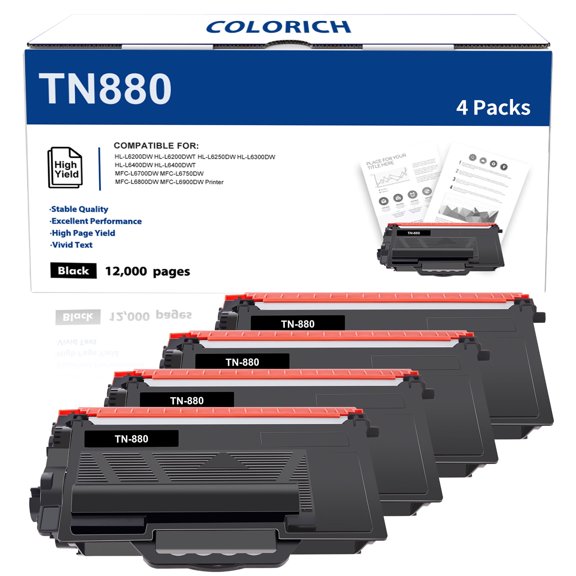 TN-880 TN880 High Yield Toner Cartridge Compatible for Brother TN880 TN-880 HL-L6200DW HL-L6200DWT MFC-L6800DW HL-64000DW MFC-L6900DW L6250DW L6300DW L6700DW L6750DW L6900DW (Black, 4-Pack)
