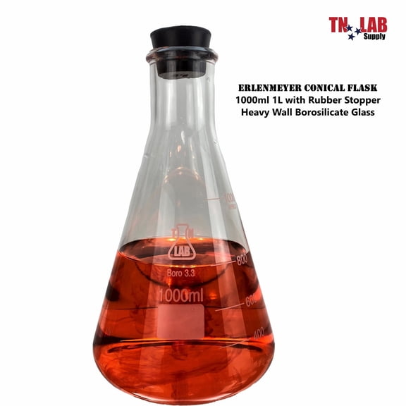TN LAB Erlenmeyer Conical Glass Flask w-Rubber Stopper Family