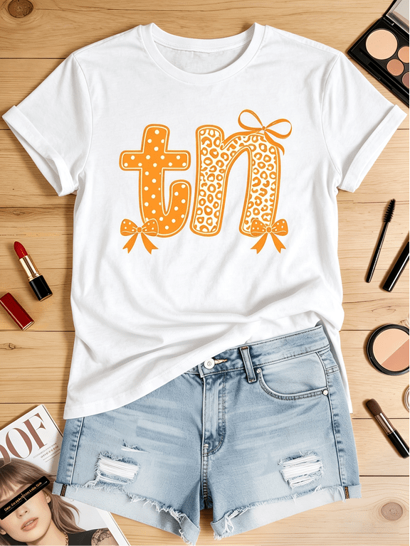 TN Tennessee Leopard Bow Graphic T-Shirt for Women, Cute State Pride Orange Polka Dot Casual Tee