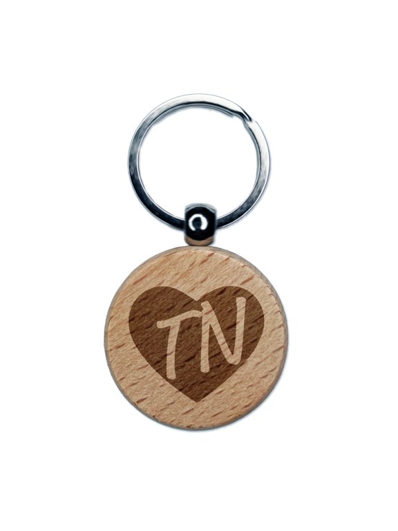 TN Tennessee State in Heart Round Keychain Charm Tag - Engraved Wood