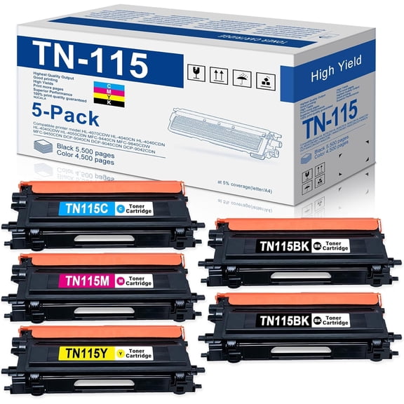 TN115BK TN115C TN115M TN115Y Toner Cartridge Compatible for Brother DCP-9040CN DCP-9045CDN DCP-9042CDN HL-4050CDN MFC-9440CN MFC-9840CDW MFC-9450CDN Printer (5-Pack,2BK/1C/1M/1Y)